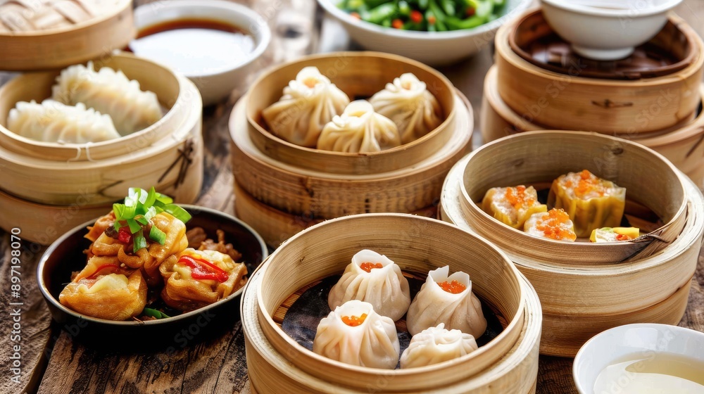 Chinese dim sum assortment in bamboo steamers, with dipping sauces and ...