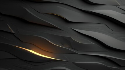 Modern and elegant design with abstract dark background, overlapping wavy shapes, and golden light streaks