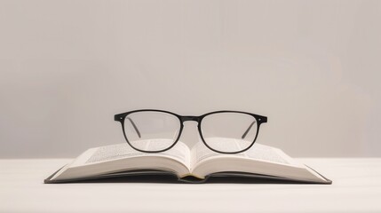 Aufkleber - Black-framed eyeglasses sit atop a white, open book on a minimalist white background. Generative AI