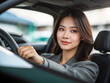 © daniiD - A beautiful girl driving a car, radiating confidence and style, against the background of a city street or a picturesque landscape