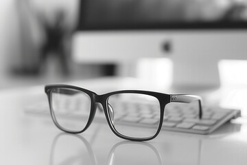 Wall Mural - Black eyeglasses rest on a white keyboard in a modern office. A computer monitor is blurred in the background. Generative AI