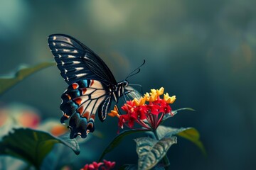 Wall Mural - Beautiful butterfly with black wings, white stripes and blue and orange dots is feeding on red and yellow flowers