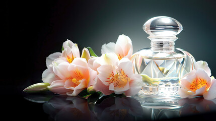 close-up shot of freesia and a perfume bottle on a black background