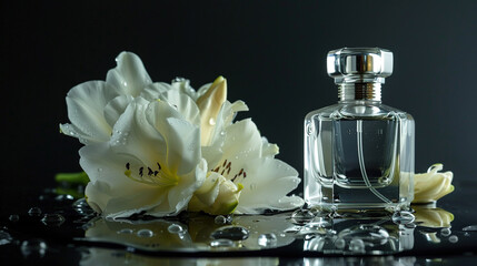 close-up shot of freesia and a perfume bottle on a black background