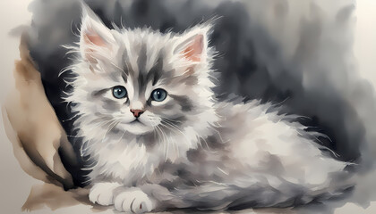 Grey Fluffy Kitten Portrait with Gray Background