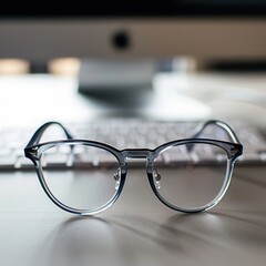 Aufkleber - Eyeglasses with a clear frame rest on a clean, white desk surface in front of a blurry computer keyboard. Generative AI