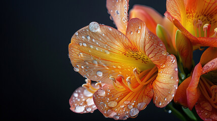 close-up shot of freesia with water drips on a black background