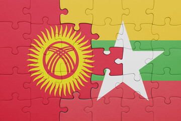 Wall Mural - puzzle with the colourful national flag of kyrgyzstan and flag of myanmar .