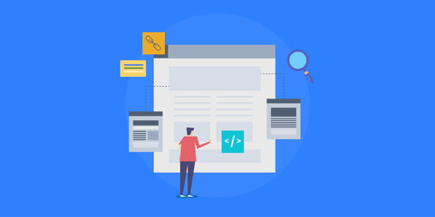 Website content connected with internal pages, improves indexing, keyword relevancy and domain authority, SEO expert analysing content strategy vector illustration.