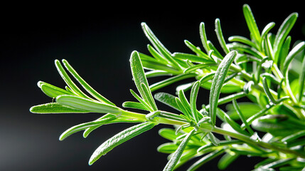 close-up shot of rosemary with water drips on a black background