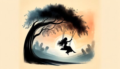 Wall Mural - Watercolor illustration of a woman swinging from a tree for Hariyali Teej.