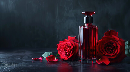 close-up shot of rose and perfume bottle on a black background