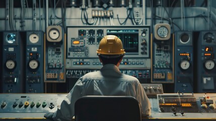 An Asian operator controls machinery at a power plant, focusing on their role in managing and overseeing plant operations and equipment.