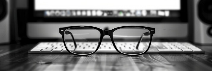 Aufkleber - Black eyeglasses rest on a white keyboard in front of a blurred computer monitor. Generative AI