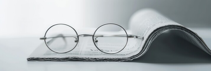 Poster - Round eyeglasses rest on the edge of an open book with a white background. Generative AI