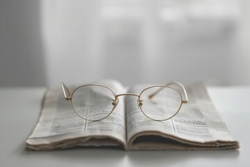 Aufkleber - Round eyeglasses sit atop an open book with a minimalist background. Generative AI