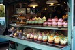 © Ifti Digital - A food truck filled to the brim with a wide variety of delicious cupcakes, ready to be enjoyed by dessert lovers and sweet tooth enthusiasts, Food truck selling cupcakes and pastries, AI Generated