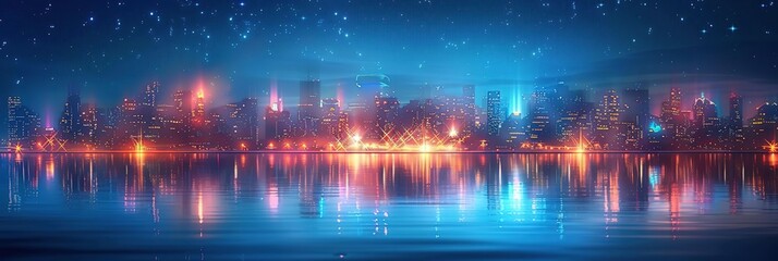 Canvas Print - Night City Skyline with Reflections Illustration