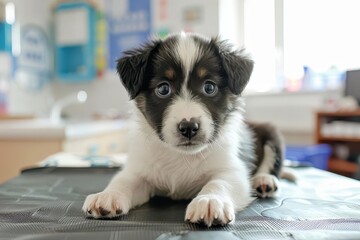 Wall Mural - adorable puppy receiving checkup at modern veterinary clinic gentle vet examining fluffy patient on examination table surrounded by medical equipment