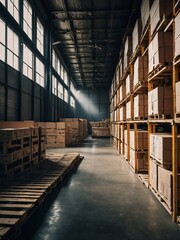 Poster - Large warehouse interior with tall racks of pallets and cardboard boxes