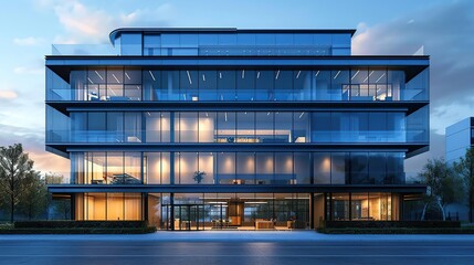 Wall Mural - Modern Glass Office Building 3D Render at Dusk