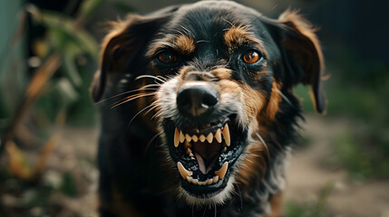 Wall Mural - closeup aggressive dog growling and shows teeth