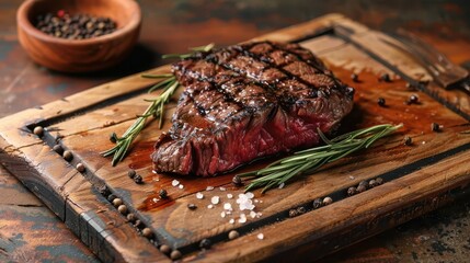 Wall Mural - artfully plated ribeye steak with a perfect char garnished with fresh rosemary sprigs and cracked peppercorns on a rustic wooden board