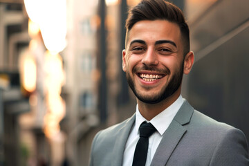 A young American man with a beard in a gray suit and tie, smiling, evening light, city background