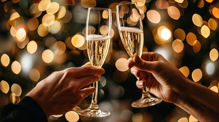 Two hands holding champagne flutes, making a toast. The background is out of focus with warm bokeh lights, suggesting a festive or celebratory atmosphere.