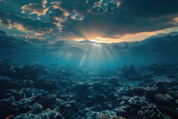 Wall Mural - A sunny day at the coral reef with sunlight shining through the water