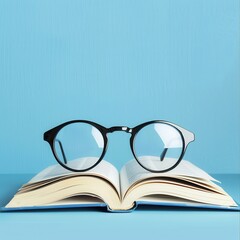 Aufkleber - Eyeglasses rest on top of a book with its pages open, against a blue background. Generative AI
