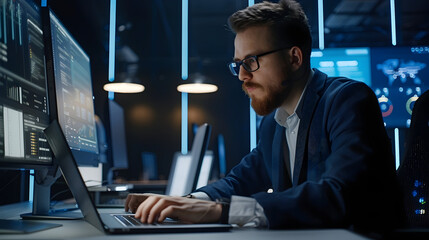 business man software developer engineer working on laptop computer in office. Male administrator programmer specialist coding on pc developing applications. Over shoulder screen view