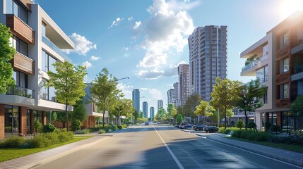 Wall Mural - 3D Illustration of a Modern City Street with Tall Buildings and Lush Greenery