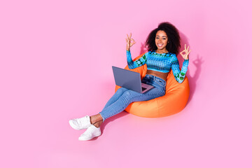 Poster - Full size photo of lovely young lady sit orange beanbag netbook okey dressed stylish blue garment isolated on pink color background