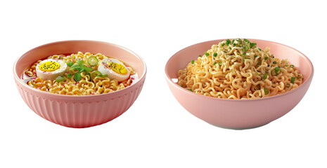 Noodle Bowls with Toppings Isolated on Transparent Background