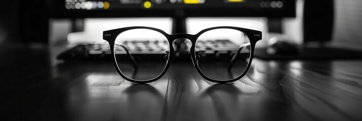 Leinwandbilder - A pair of black-framed eyeglasses rest on a wooden desk in front of a computer monitor. Generative AI