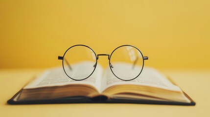 Aufkleber - A pair of round eyeglasses rest on an open book against a yellow background. Generative AI