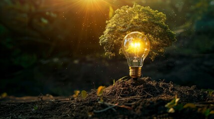 Wall Mural - The concept of ecology, trees, soil, sunlight, rising from the lamp on black background. The bulb inside the tree with the globe. 