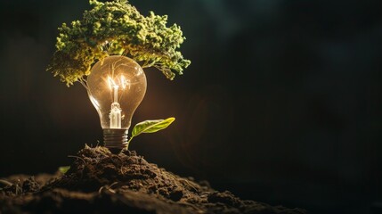 Wall Mural - The concept of ecology, trees, soil, sunlight, rising from the lamp on black background. The bulb inside the tree with the globe. 