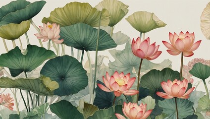 Wall Mural - Line art floral background tropical leaves, lotus, ginkgo, watercolor, sun circle