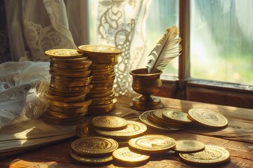 A stack of gold coins arranged neatly on an antique wooden desk with an old-fashioned inkwell and quill.