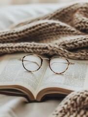 Aufkleber - A pair of eyeglasses rests on an open book, with a knit blanket in the background. Generative AI
