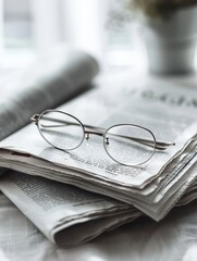 Aufkleber - A pair of silver eyeglasses rests on an open newspaper, with a blurred background. Generative AI