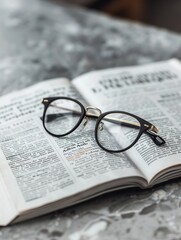 Aufkleber - Black eyeglasses are resting on a page of an open book with black text. Generative AI