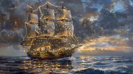 Sticker - A majestic sailing ship decorated with sparkling Christmas lights, sailing through a peaceful ocean,