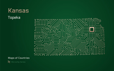 Wall Mural - Kansas Map with a capital of Topeka Shown in a Microchip Pattern. E-government. United States vector maps. Microchip Series