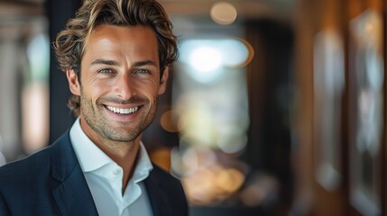 Poster - Confident and Successful: A portrait of a handsome man in a suit, radiating confidence and success. His warm smile and piercing gaze evoke a sense of ambition and achievement.  