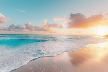 The sun casts a warm orange glow as it sets over the vast ocean, creating a stunning natural display on the beach, Heart-shaped clouds drifting over a tranquil beach at dusk, AI Generated