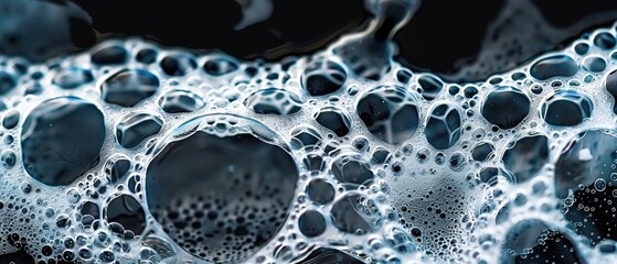 Abstract background of soap foam on black water, top view.