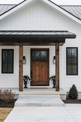 Wall Mural - A front door detail of a white modern farmhouse with a wooden front door and pillars, black light fixtures, and a covered porch with a black roof.